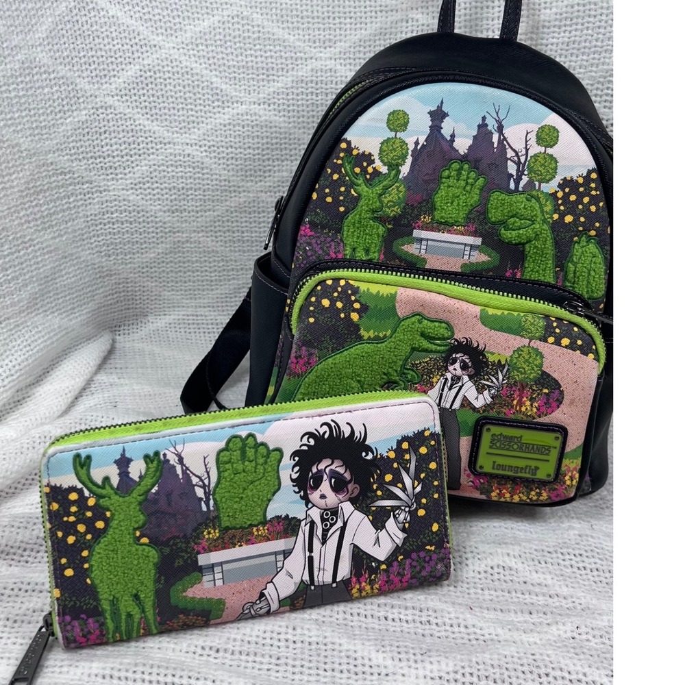 Loungefly Edward Scissorhands Mini Backpack Wallet Set Black Green EUC